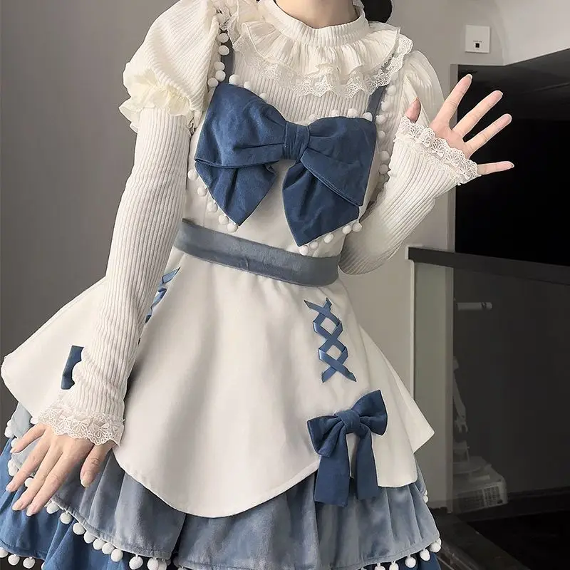 Jerséis japoneses de punto para mujer, jersey estético Y2k con lazo de retales, jersey de encaje de Lolita con mangas abullonadas, suéter dulce Kawaii, ropa para mujer