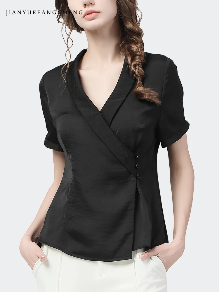 Womens Summer Short Sleeve V-Neck Satin Top Elegant Slim Asymmetrical Side Buckle Casual Blouses Small Shirt For Female