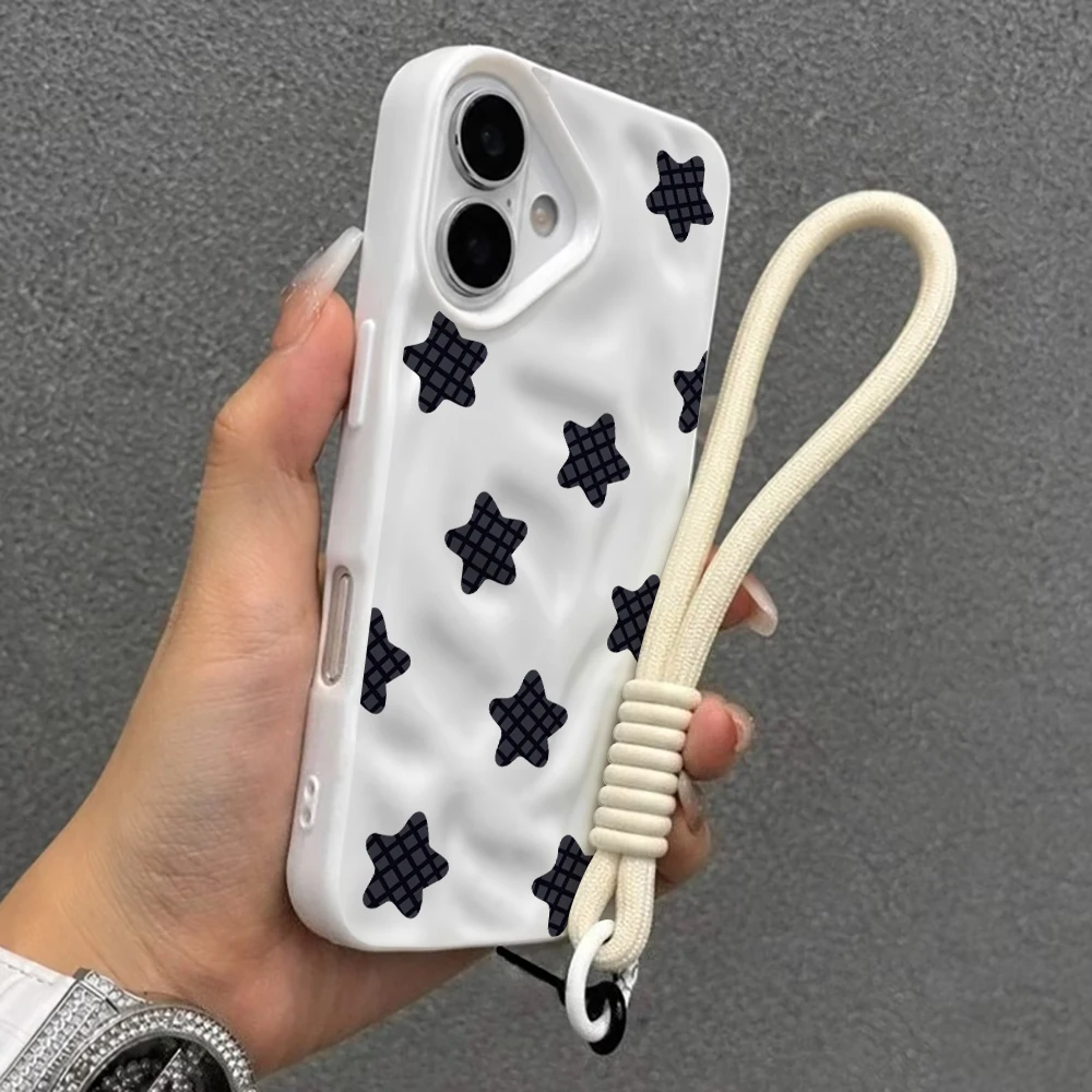 Karierte Sterne Y2K Falten-Silikon-Handyhülle für iPhone 17 15 13 11 12 14 16 17 Pro Max 14 15 Plus 17Air mit Lanyard-Abdeckung – Detail 6