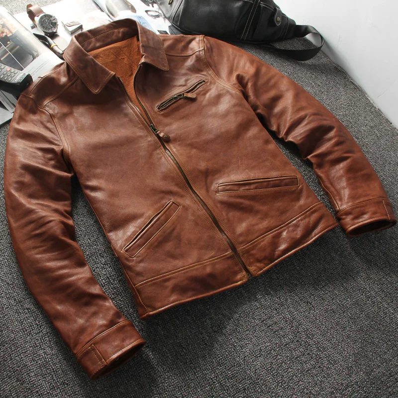 Brown 2023 American Light Casual Style Genuine Leather Jacket Men Plus Size 4XL Real Natural Sheepskin Autumn Slim Fit Coat