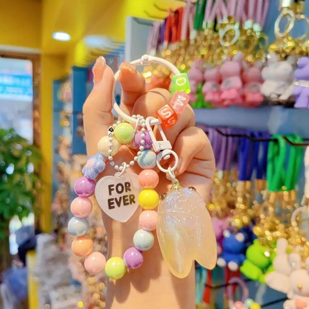 Backpack Charm Macaron Color Beads Keychain with Glitter Cicada Pendant Strong Load-bearing Mobile Phone Chain Portable