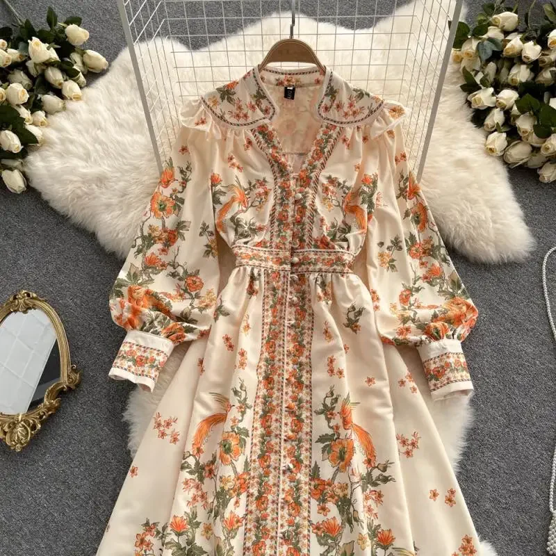 2024 New Dress Autumn Vintage Chiffon Single Breasted Lady Full Dress A Line V Neck Puff Sleeve Mid-Calf Women Dresses Vestido