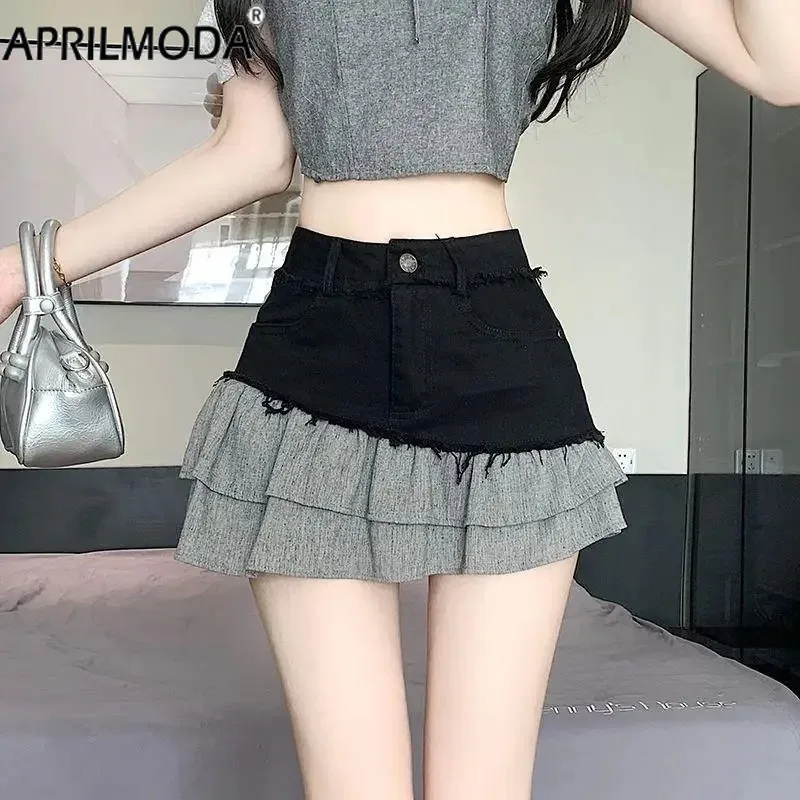 Rok pendek perca pinggang tinggi wanita celana pendek imut Korea Distressed 2024 hitam Ruffle Vintage Denim rok lipit Mini musim panas