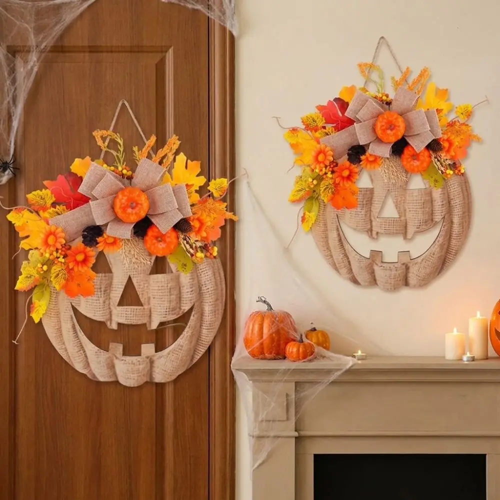 Rustic Halloween Wooden Pumpkin Door Hanger with Bow Vintage Artificial Fall Pumpkin Floral Wreath Thick Board Anti-Deformation