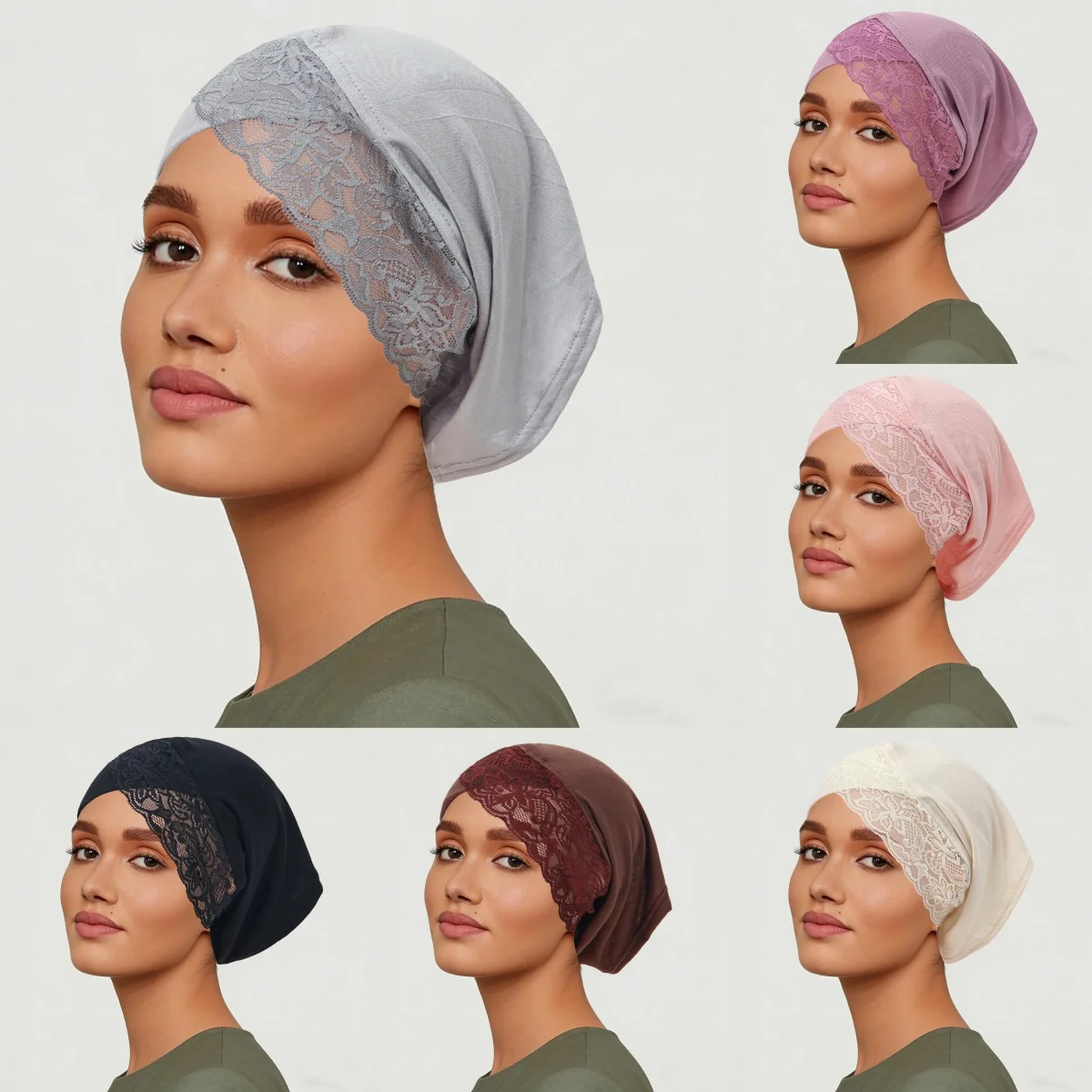 

Solid Color Lace Hijab Cap Soft Breathable Undercap for Muslim Women Turban Hat Elegant Headwear for Daily Prayer