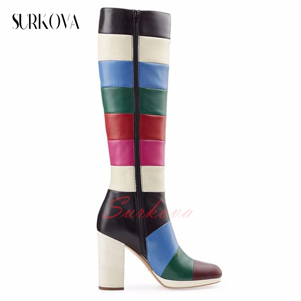 

Colorful Stitching Contrast Color Women's Chunky Heel Boots Round Toe Square Heel Knee Boots Side Zipper High Heel Women's Boots