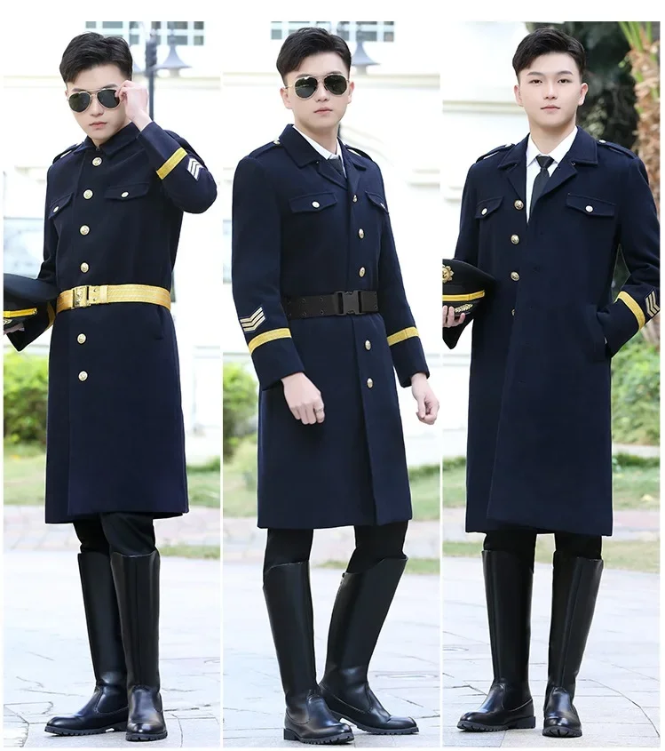 航空会社キャプテンウールオーバーコート男性パイロット厚いプロパティセキュリティ冬服ウール年次総会パフォーマンストレンチコート