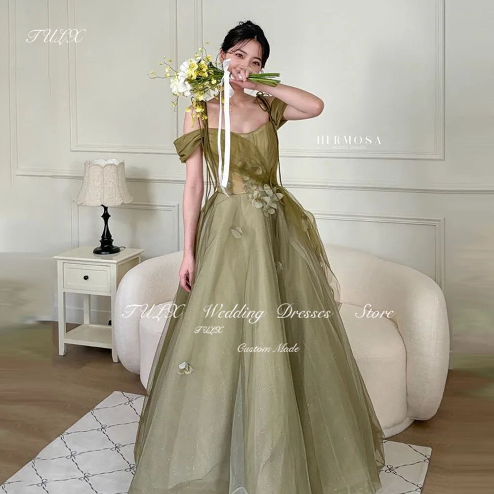 

TULX Fairy O-Neck Green Korea Corset Wedding Party Dress Off Shoulder Tulle Sparkly Evening Dress A-line Long Flower Prom Gown