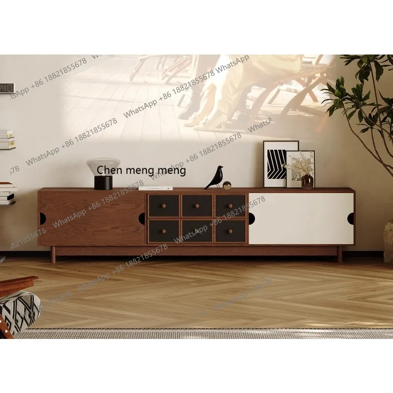 

Red oak leather, household small apartment with storage, floor-to-ceiling TV cabinet