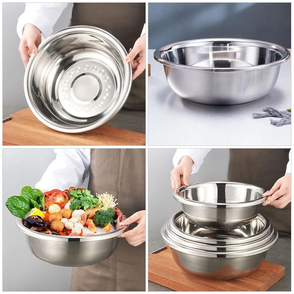 Thick Stainless Steel Basin Large Multi-Function Kitchen Vegetable Fruit Washing Storage Mixing Bowl Anti-Slip Flat Bottom