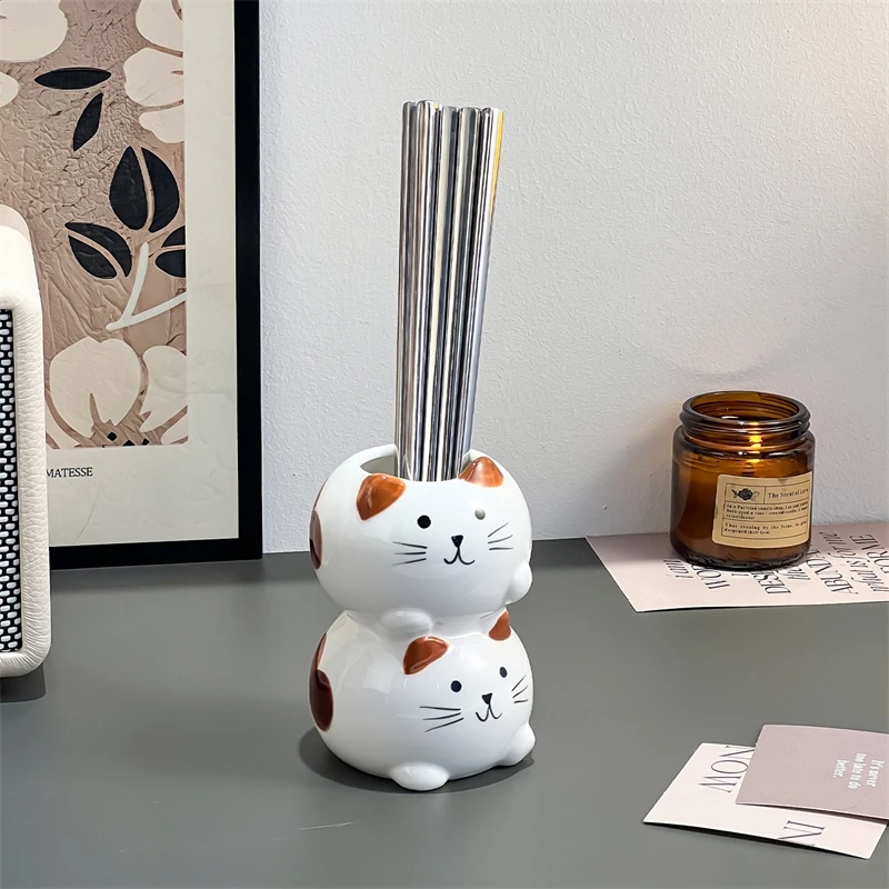 Ceramic Calico Cat Chopstick Spoon Holder Draining Counter Organizer For Home Dining Table Decor For Her Christmas Gift Cute
