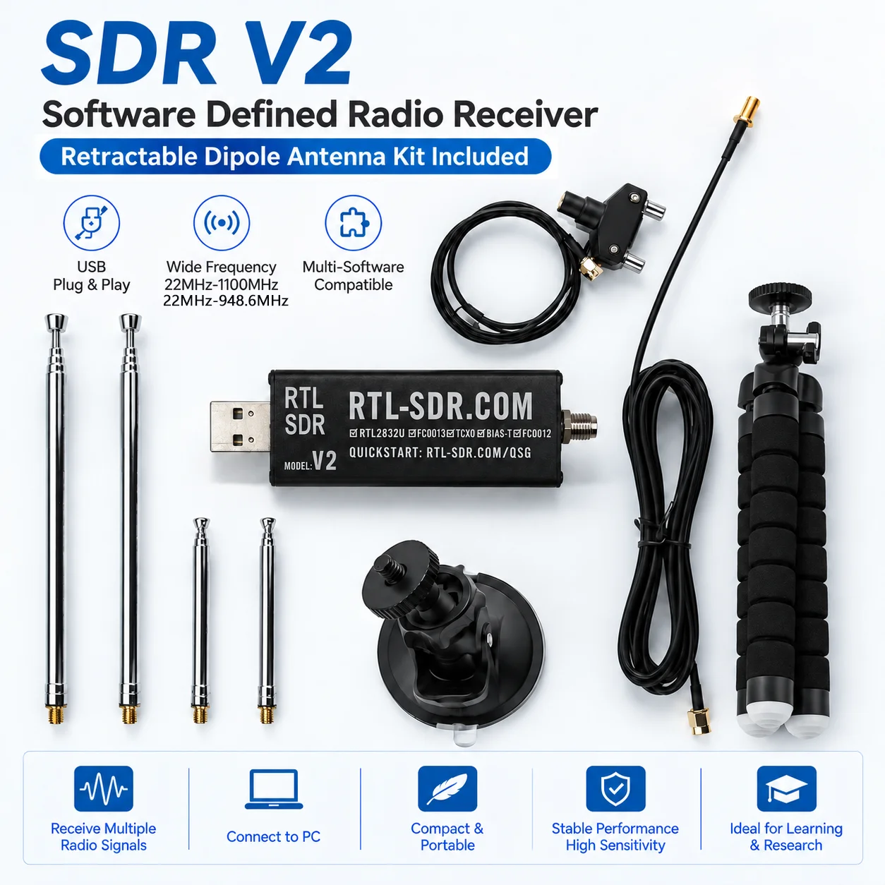 RTL-SDR V2 Software Defined Radio RTL2832U FC0012/FC0013 SDR With Retractable Dipole Antenna Kit