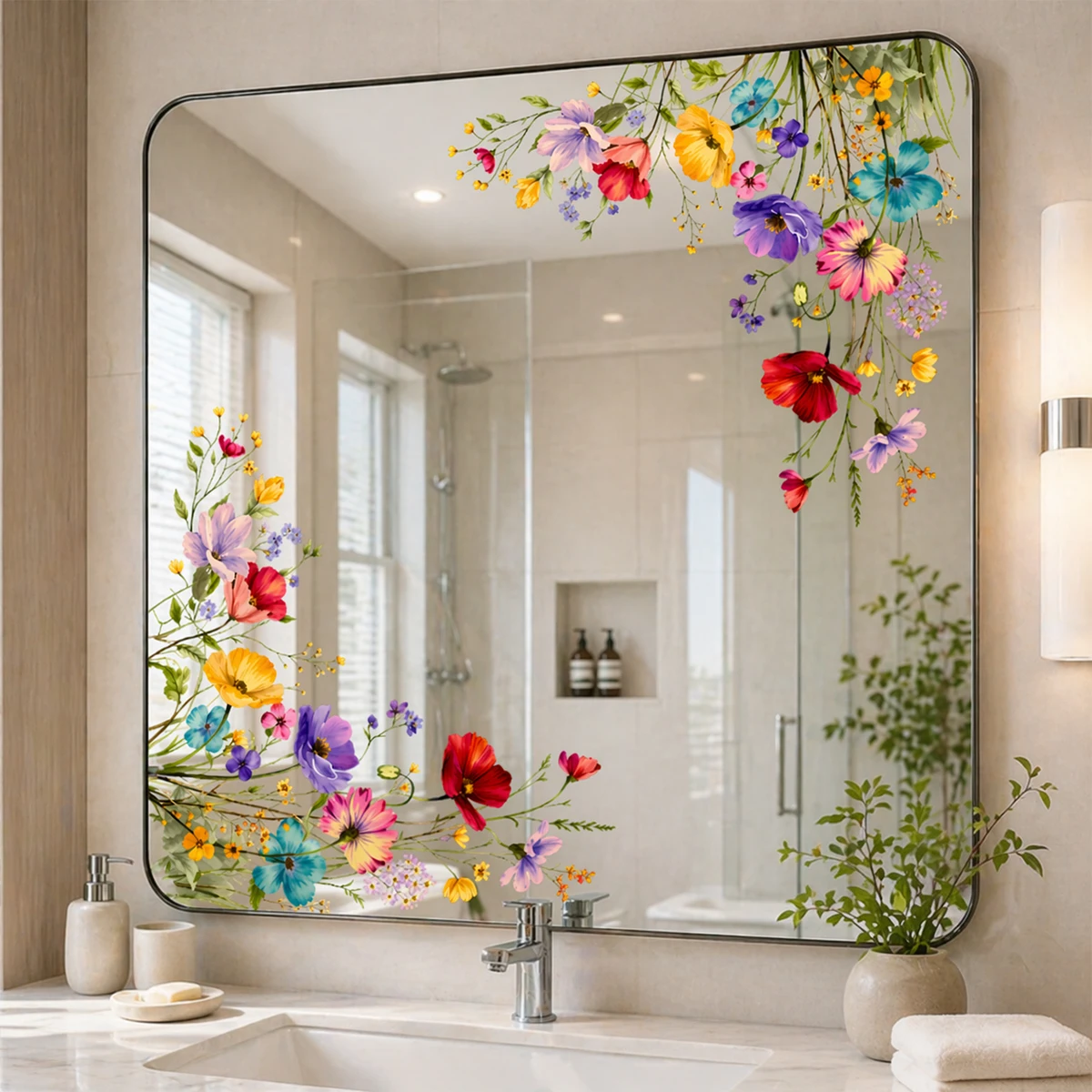 Wasserfarbene Blumen-Spiegel-Wandaufkleber, Bohemian-Eckaufkleber, abnehmbare, wasserdichte Vinyl-Glasspiegel-Dekoration für Badezimmer und Schlafzimmer – Detail 3