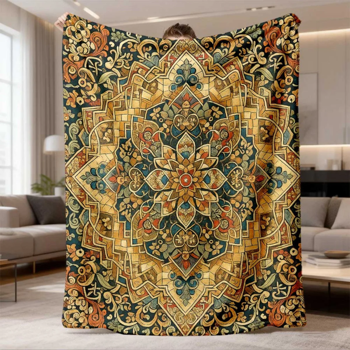 Matte Dark Green Backdrop Symmetric Vintage Golden Mosaic Floral Mandala Oriental Boho Full Print Fluffy Blanket Couch Gift