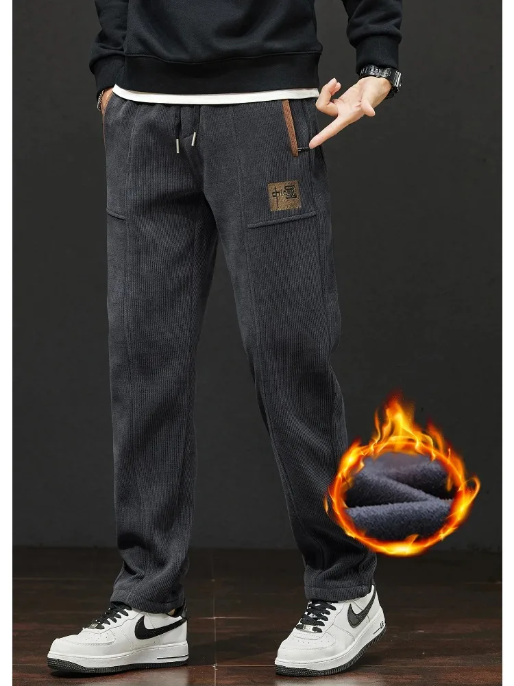 

Зимние толстые повседневные брюки, мужские модные прямые бархатные брюки с вышивкой, свободные мягкие теплые удобные плюшевые брюки с эластичной резинкой на талии