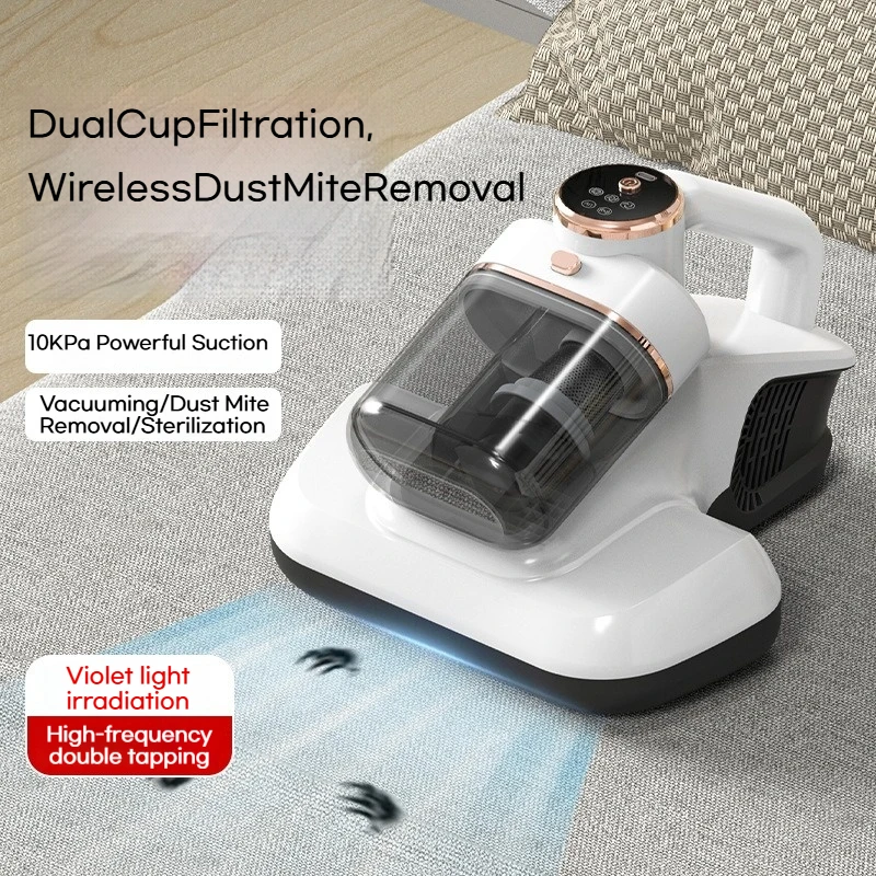 Removedor de ácaros de copo duplo: sucção 10000Pa, esterilização UV, LED de 3 velocidades, copo duplo para poeira, alça ergonômica