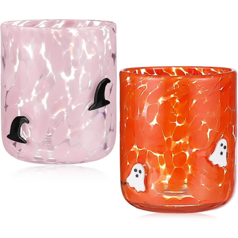 

2 Pack Halloween Icon Juice Glasses 14 oz Double Old Fashioned Icon Handblown Stemless Wine Glasses Cute Ghost Glass
