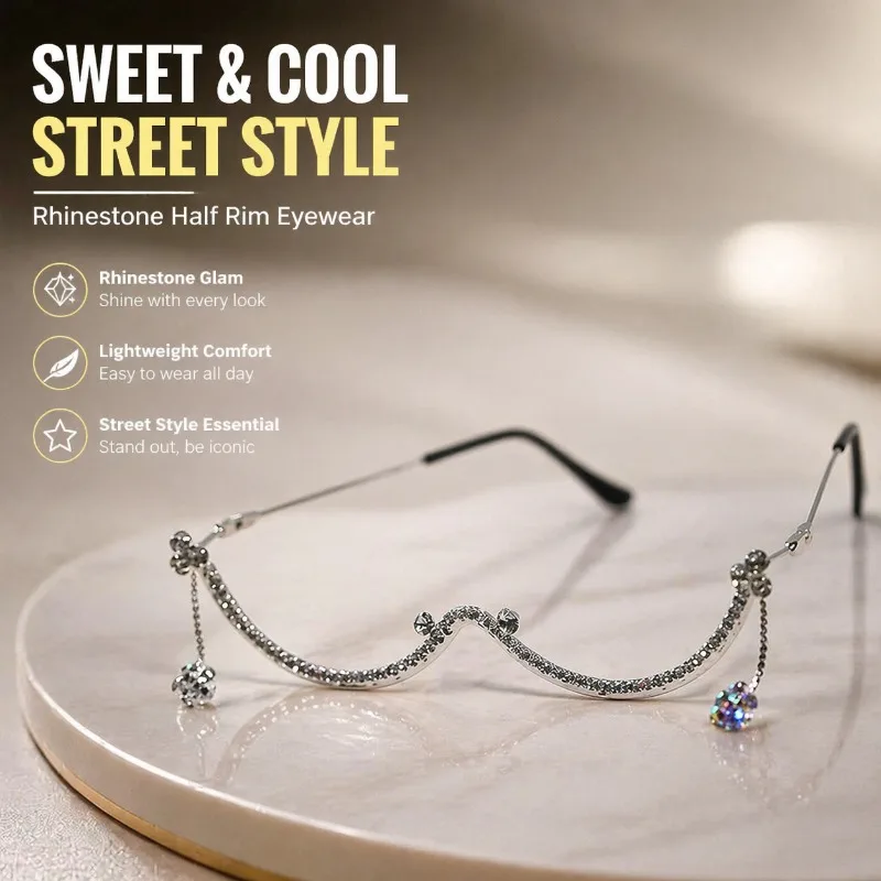 

Crystal Rhinestone Half Frame Glasses No Lens Luxury Silver Diamond Eyewear Aesthetic Tassel Pendant Sexy Party Decor Jewelry