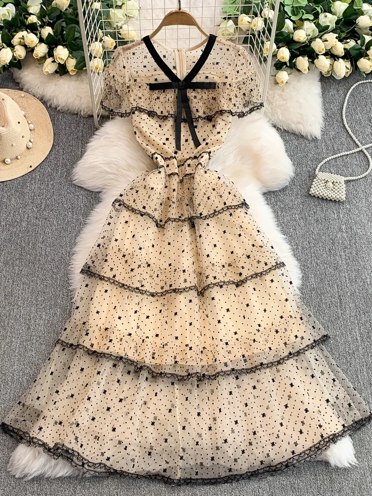 

Ele Color Blo Knot Dr Women's Summer Slimming Floral Cake Long Skirt High Waist Commute Korean Sle