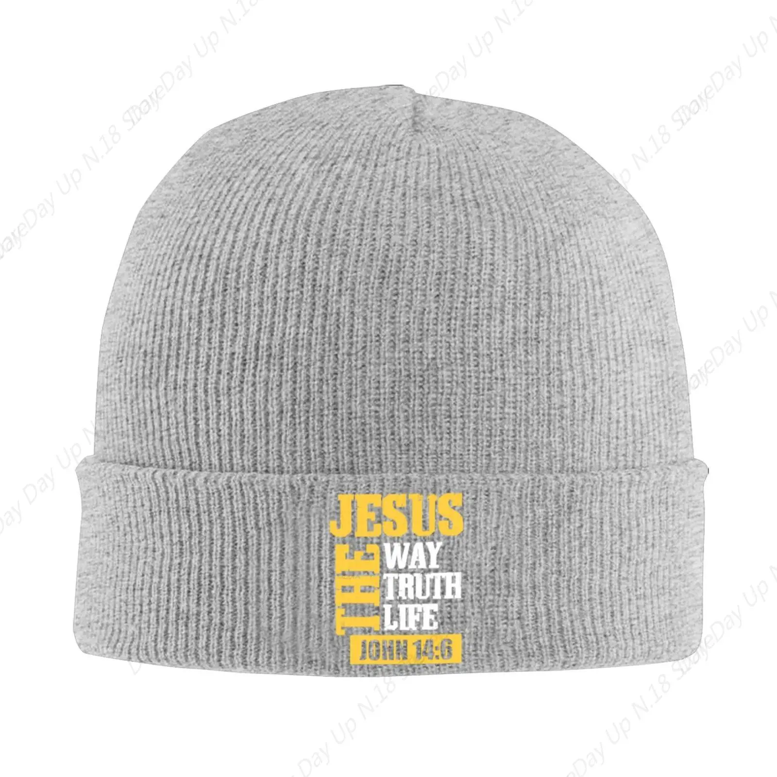 Jesus The Way Truth Life John 14：6 Christian Bible Beanie Hat Women Skull Cap Men Winter Knit Hat Slouchy Hat Gray