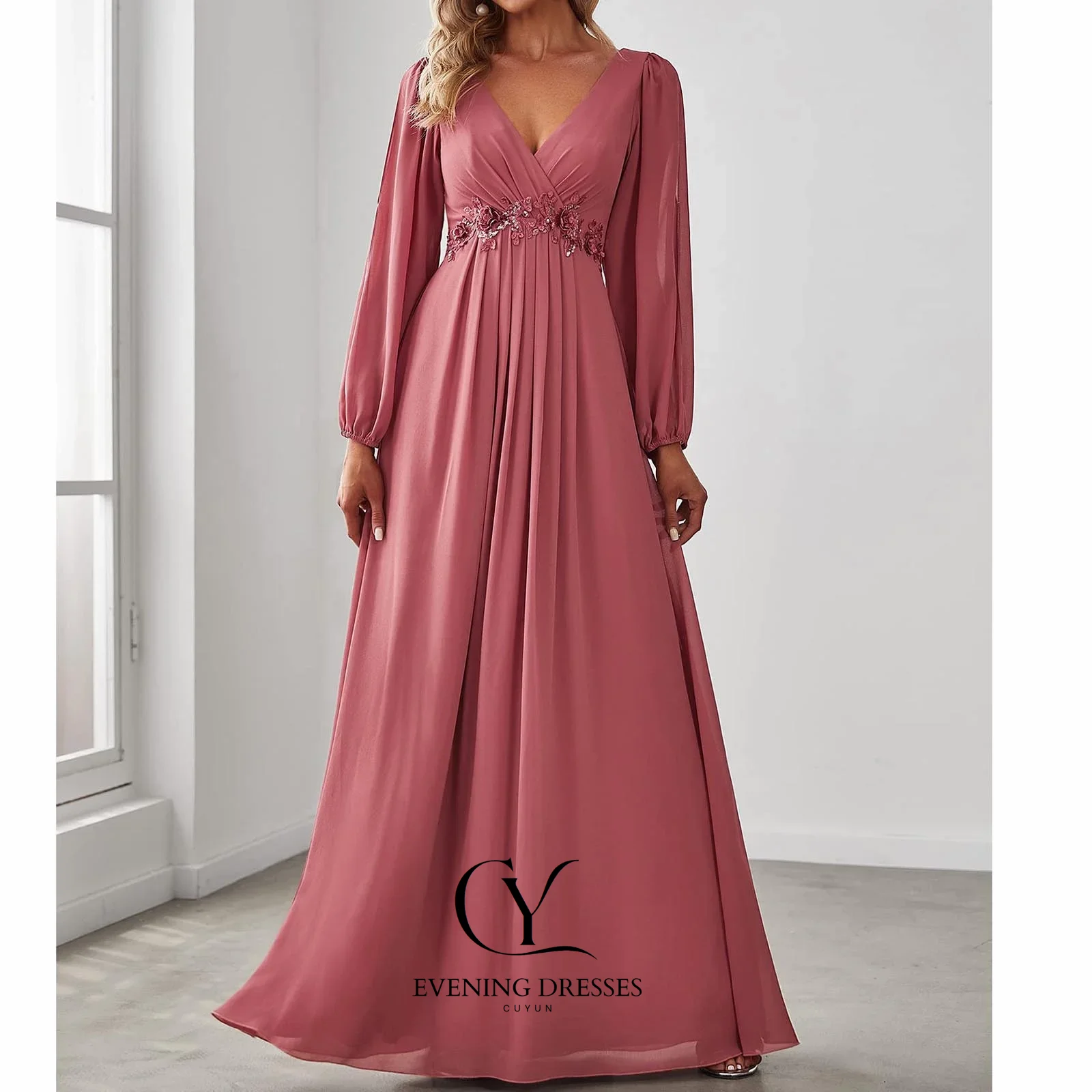 Cuyun vestido de convidado de casamento para mulheres 2025 decote em v profundo mangas compridas vestido de noite personalizado vestido de mãe de noiva com apliques