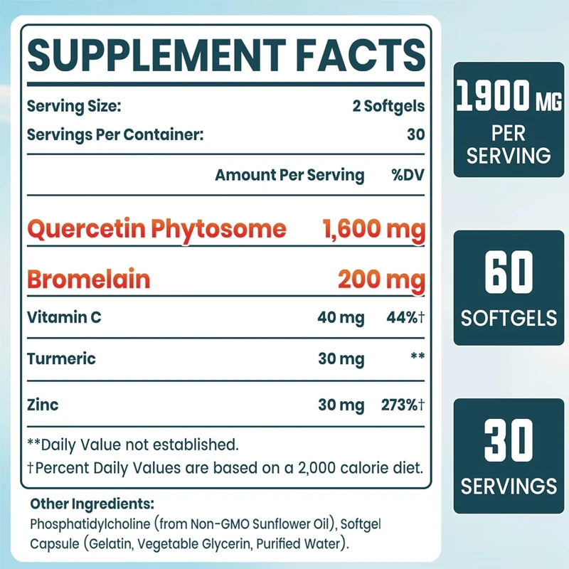 1600mg Liposomal Quercetin Plant Body, Containing Bromelain,Zinc, and Vitamin C, Quercetin Supplement Immunity -60 Soft Capsules