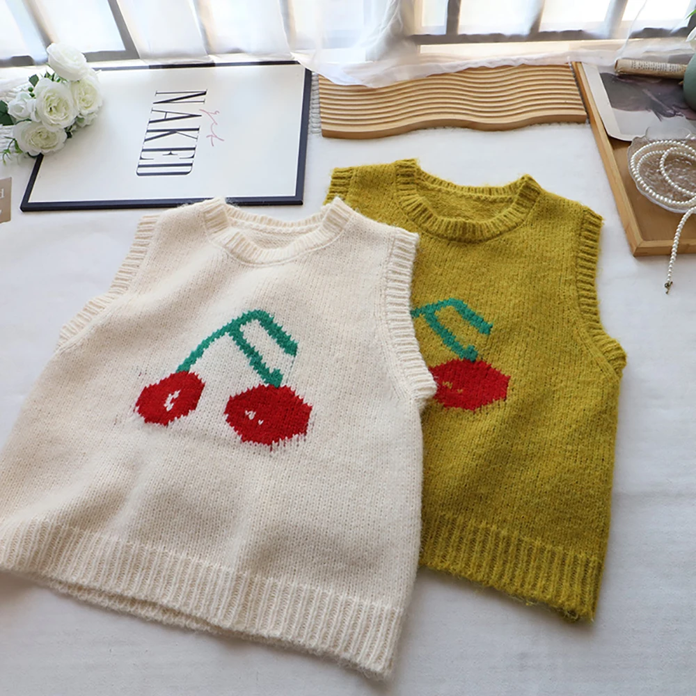 Cherry Knitted Sweater Vest Korean Ins O-Neck Loose Short Knit Vests Temperament All-Match Sleeveless Pullover Tops for Women