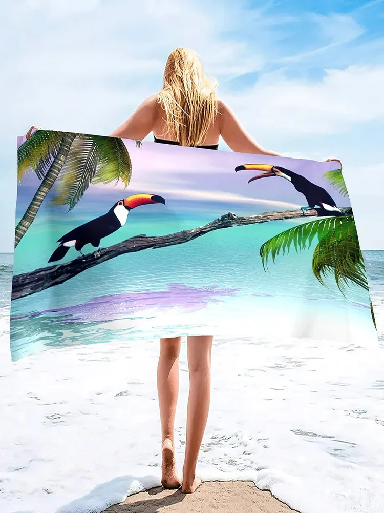 Summer Trendy Printed Large Beach Pool Towel Oversized Microfiber Travel   Hawaiian Tropical Toucans Print