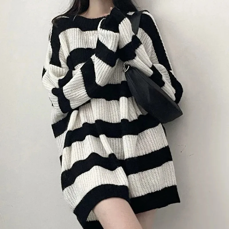 Sweaters Stripes Knitted Women Vintage Harajuku Loose Jumper Pullover Autumn Winter Streetwear Casual Long Sleeve Straight Top