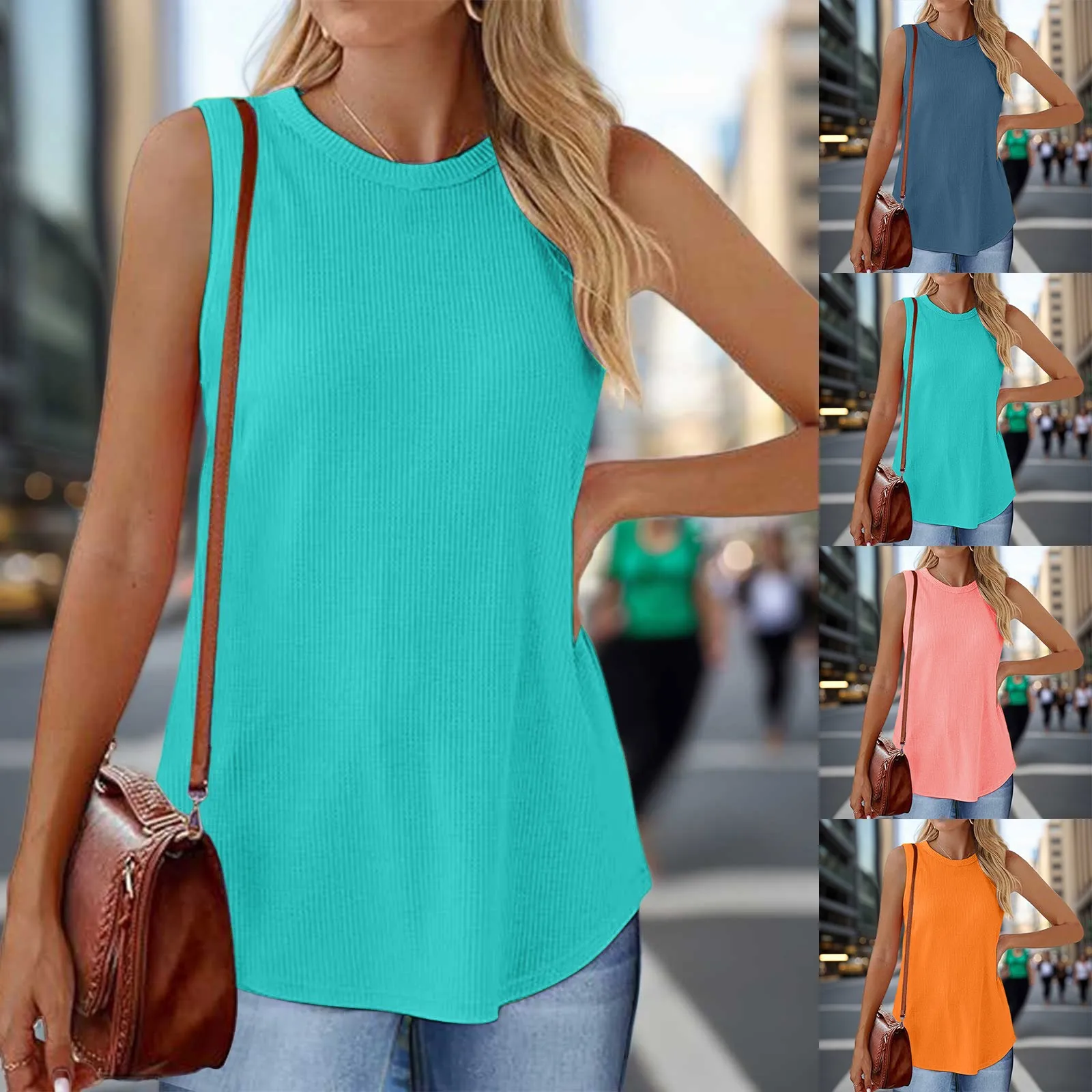 

Crewneck Soft Knit Tank Top Women Loose Fit d Hem Cotton Beach Tops Trendy Basic Top Vintage