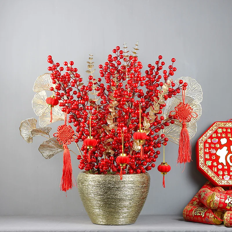 Fa Cai Guo Auspicious Simulation Red Fruit Chinese Holly Living Room Red New House Decoration Home Furnishing Company Decorates