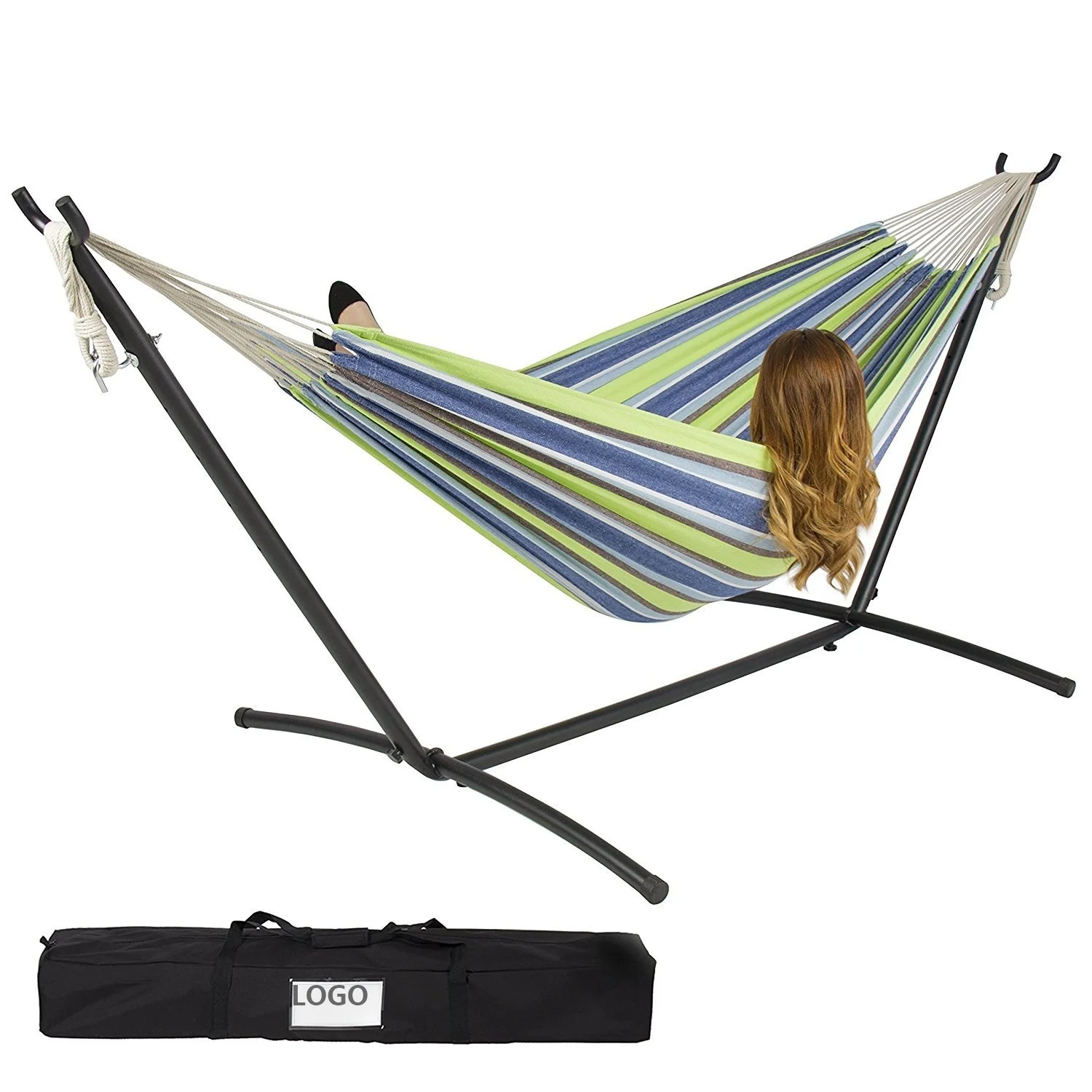 

Double Cotton Camping Hammock with Space Saving Steel Stand Hammock bed outdoor 450 lbs Capacity Premium Carry Bag Included)