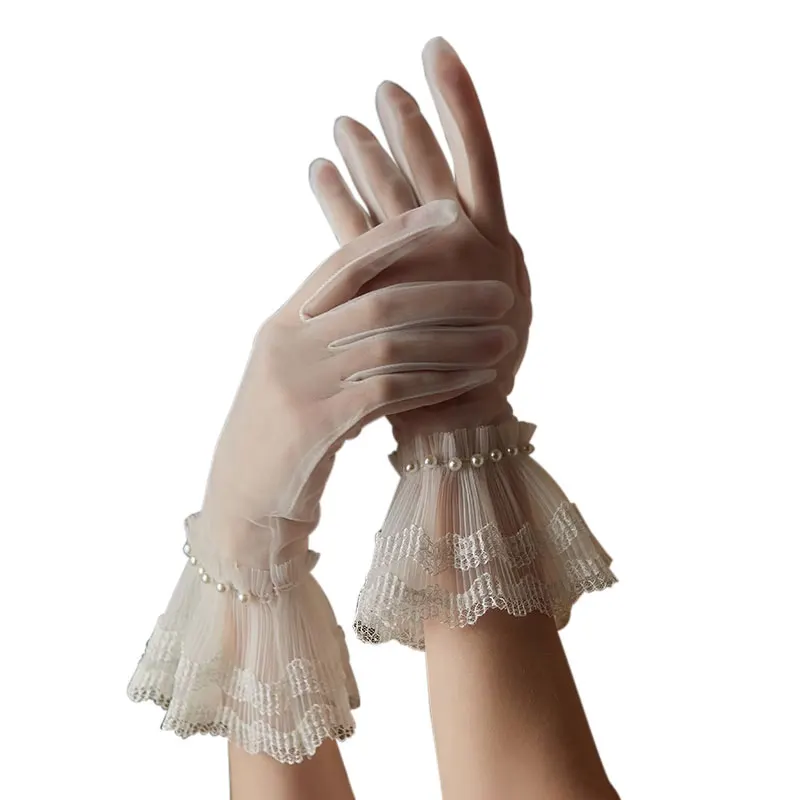 WG112 Handmade Wedding Bridal Short White Gloves Lace Pearls Ruffle Edge Women Finger Wrist Handschuh for Pageant Prom Parties