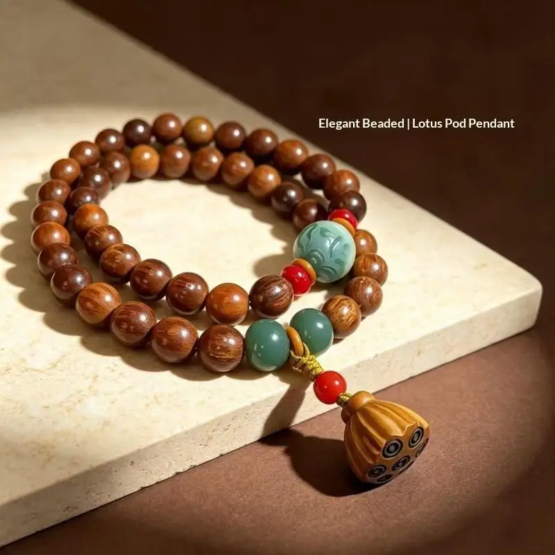 Natural Wood Bead Bracelet Carved Lotus Jade Pendant Unisex Jewelry for Yoga Meditation Holiday Gift Daily Use