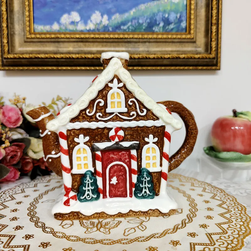 Ceramic candy teapot ornament, European and American Christmas decoration ornament, underglaze colored gingerbread