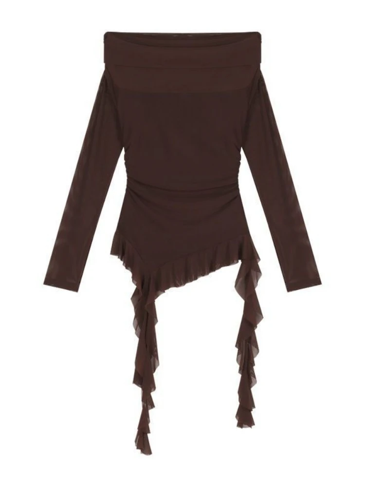 

Sexy Gauze Slash Neck Grunge T-shirt Y2k Aesthetic Vintage Irregular Ruffled Top Streetwear Flare Sleeve Pleated Tshirt