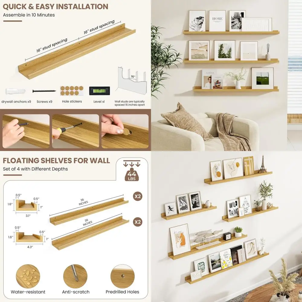 

Set of 4, 36 Oak Floating Shelves, Wall-Mounted Picture Ledge, Storage for Nursery & Living Spaces