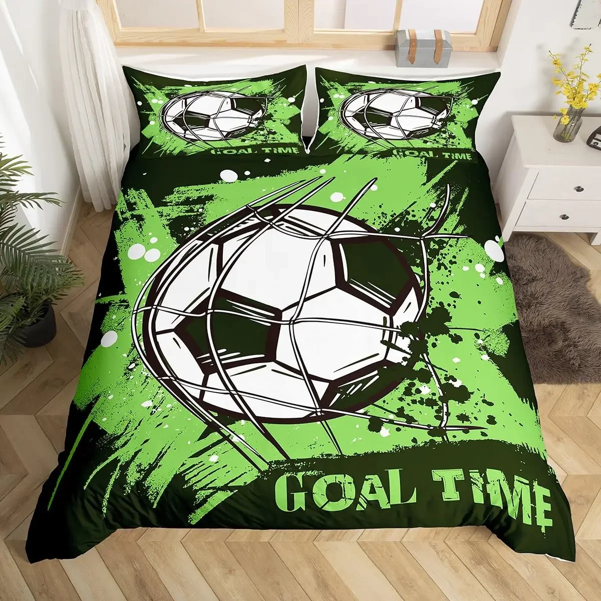 Kids Football Bedding Set Boys Girls Cartoon Soccer Duvet Cover, Black White Green Quilt Cover Goal Time Print Comforter Cover