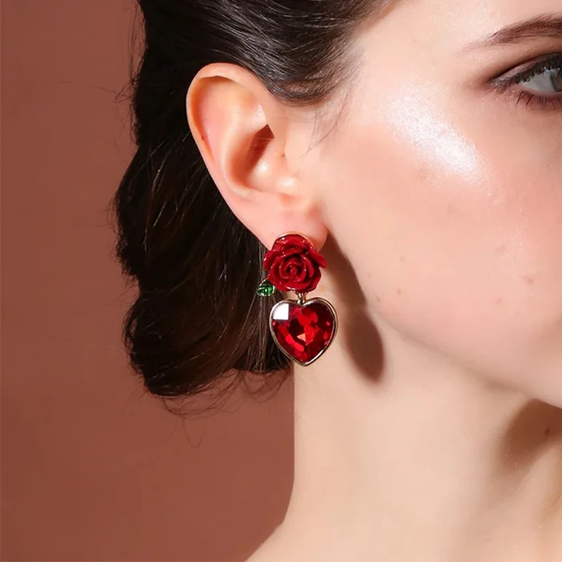 Vintage Jewelry Accessories Wholesale Beautiful Valentines Day Gift Love Heart Red Rose Flower Stud Earrings for Women