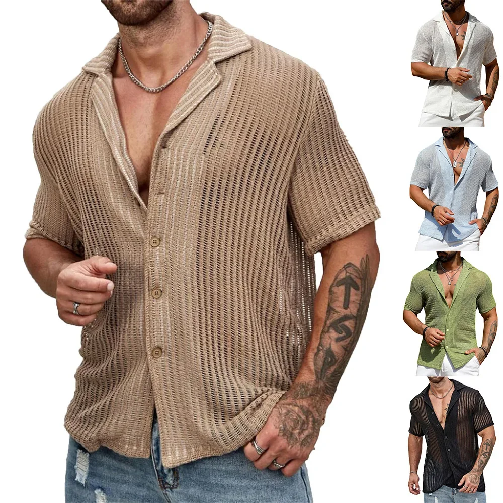 Streetwear Fashion Knitwear Mens Shirt Sexy See Through Knit Tops Men Summer Casual Button Lapel Short Sleeve Hollow Out Shirt