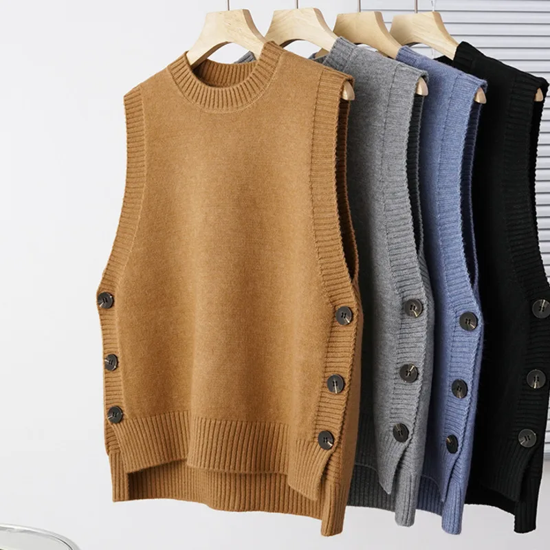 #3935 Asymmetrical Sweater Vest Women Side Buttons Knit Pullover Vest Round Neck Outerwear Short Knitwear Vest Femme Solid Color