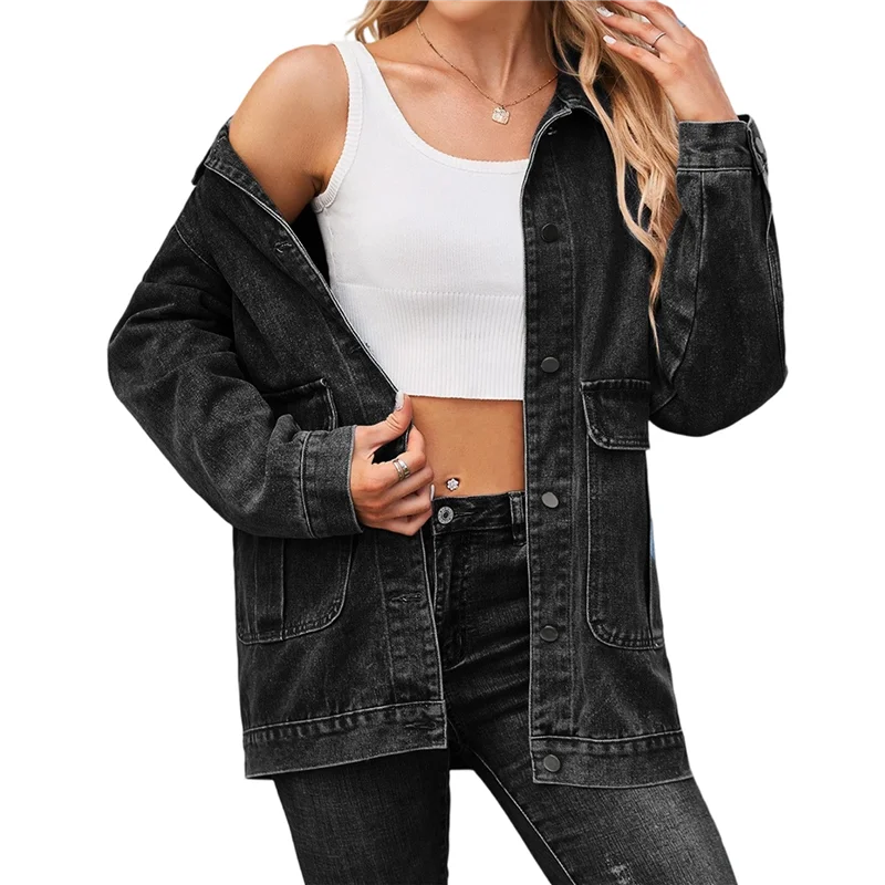 ABGR-Giacca di jeans da donna abbottonata Giacca di jeans blu vintage invecchiata nera grigia L