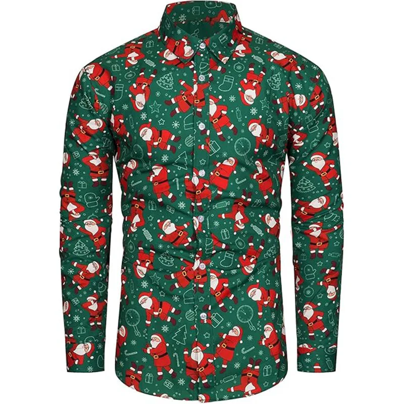 

Full Print Mens Christmas Santa Claus Graphic Long Sleeve Shirts Casual Plus Size Button Down Shirts For Party Mens Xmas Gift