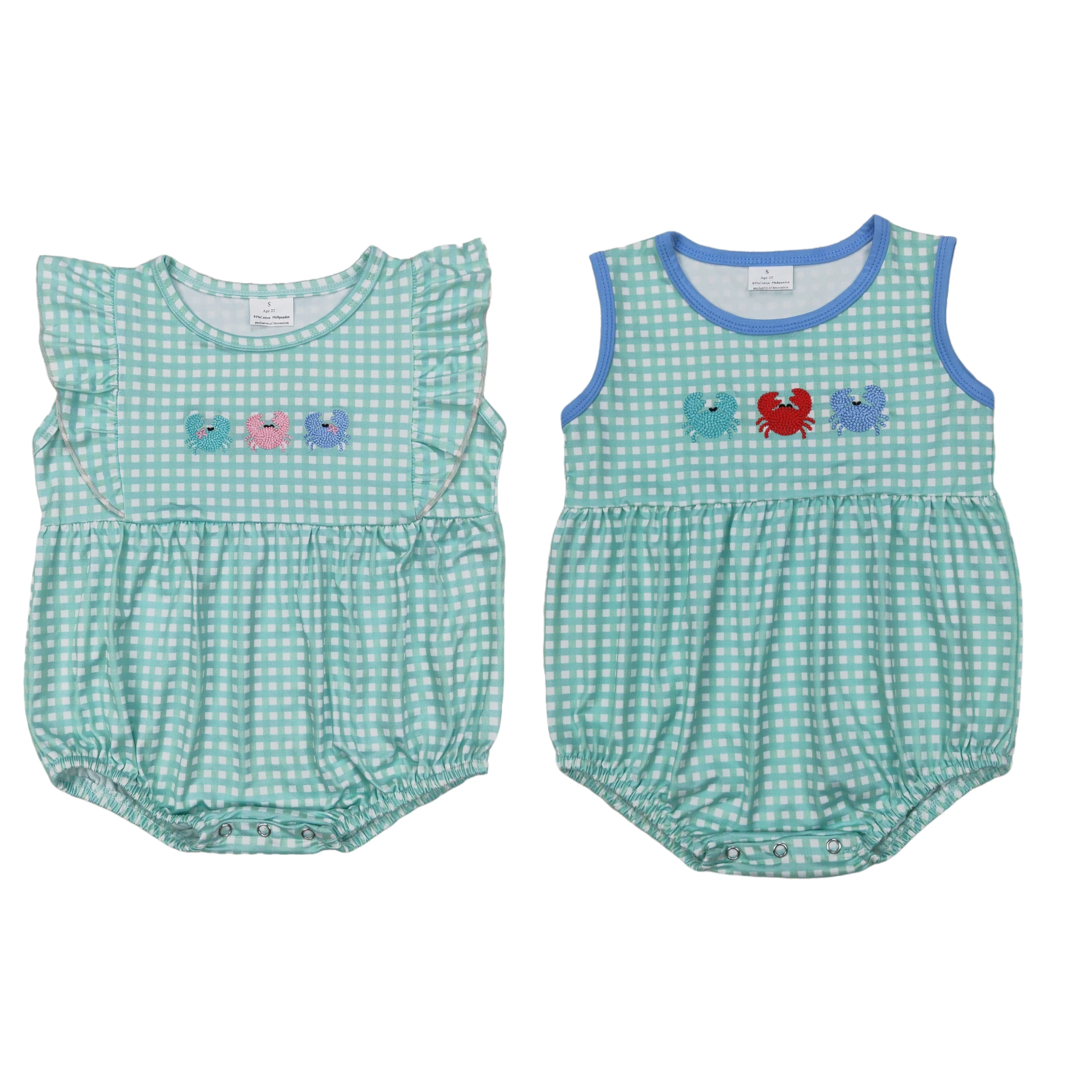 

Wholesale Children Bubbles Kids Toddler Short Sleeves Bodysuit Newborn Coverall Sibling Baby Girls Boys Embroidery Crabs Romper