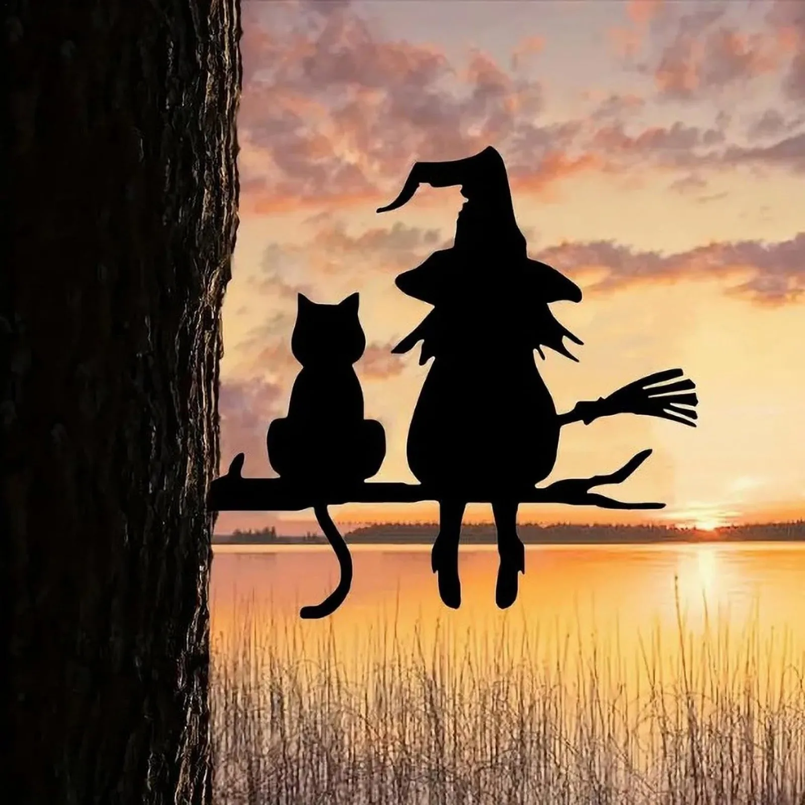 Metal Iron Silhouette Cute Witch Cat Garden Stake on the Branch Yard Art Decor Tree Stump Plug-in Yard Garden Wall Decor