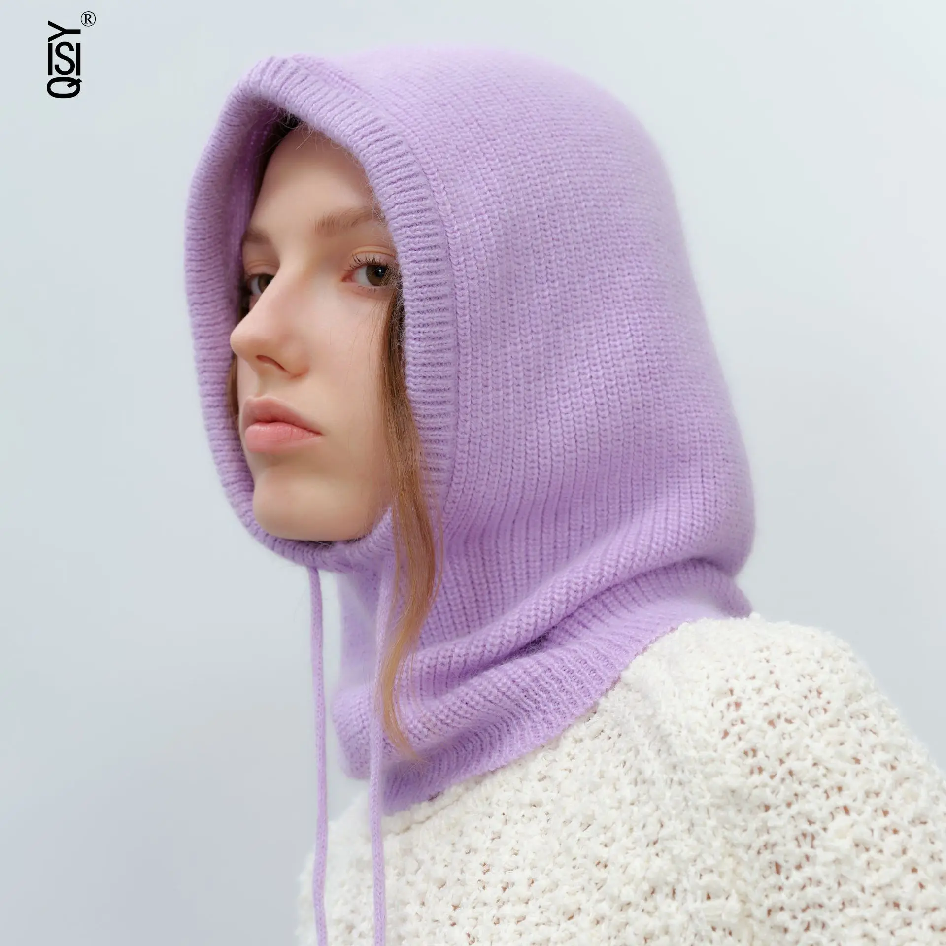 

A New All-in-one Solid Color Drawstring Rabbit Fur Warm Knitted Cap for Women in Winter Featuring A Simple and Fashionable Style