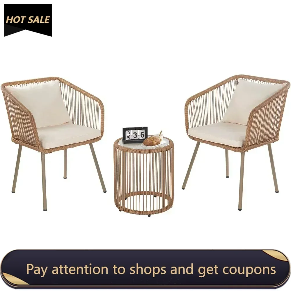 3-Piece Outdoor PE Bistro Furniture Set Patio Rattan Conversation Set Patio Furniture Set Glass Coffee Table Top and 2 Chairs