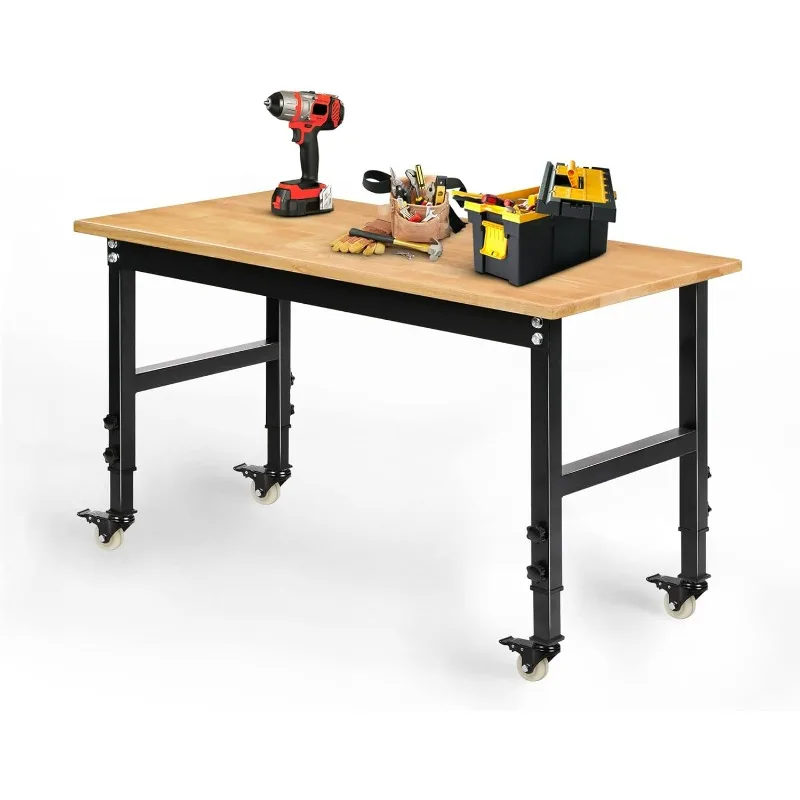 

48" Heavy-Duty Adjustable Workbench, Rubber Wood Shop Table W/Metal Wheels, Hardwood Workstation Weight Capacity Over 2000 Lbs