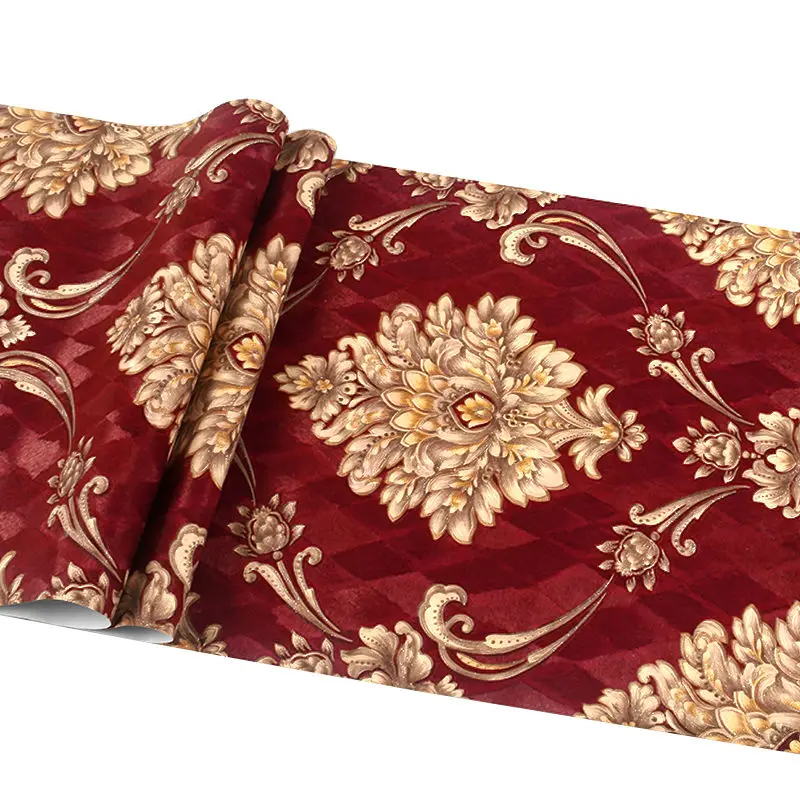 Damasco Vinil Listrado Papel de Parede Rolo de Papel de Parede de Pvc Floral Vermelho Tampa de Parede Americana Impermeável Sala de Estar e Decoração do Quarto Luxo