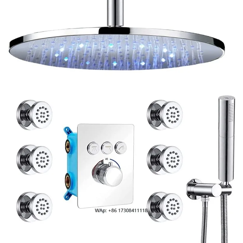 

16-Inch Thermostatic Light Emitting Diode Shower System Kit with 6 Body Nozzles and 3 Function Handheld Shower